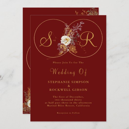 Burgundy Gold Script Monogram Weddenschap Kaart (Voorkant / Achterkant)