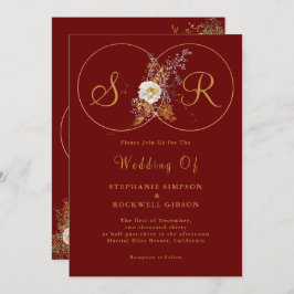 Burgundy Gold Script Monogram Weddenschap Kaart