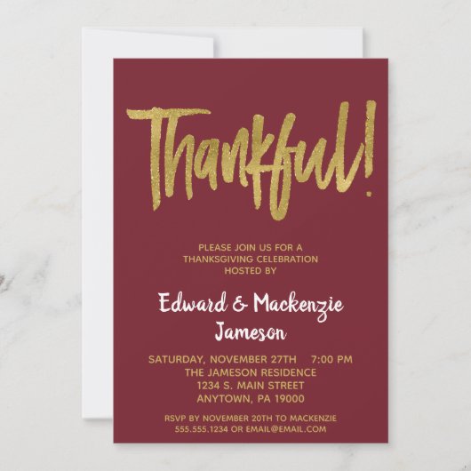 Burgundy Gold Script Thanksgiving Uitnodiging (Voorkant)