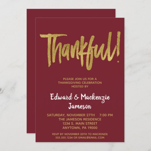 Burgundy Gold Script Thanksgiving Uitnodiging (Voorkant / Achterkant)