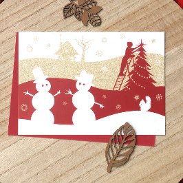 Burgundy & Gold Snowmen Holiday Kaart