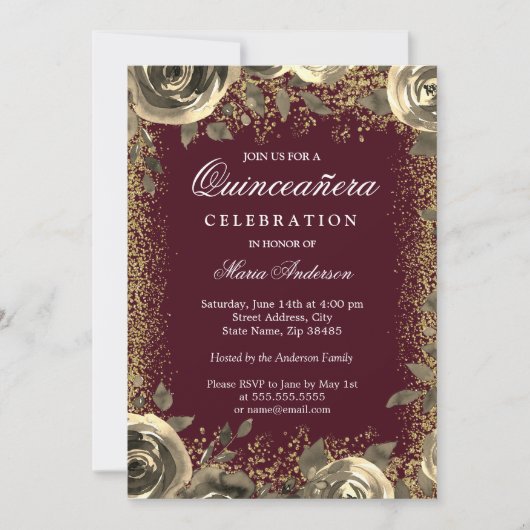 Burgundy & Gold Sparkle Glitter Quinceanera Invite Kaart (Voorkant)