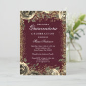 Burgundy & Gold Sparkle Glitter Quinceanera Invite Kaart (Staand voorkant)
