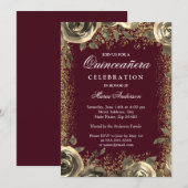 Burgundy & Gold Sparkle Glitter Quinceanera Invite Kaart (Voorkant / Achterkant)