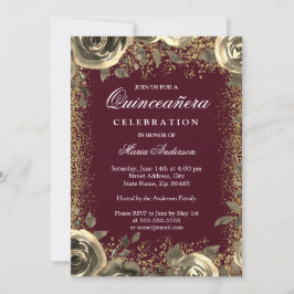Burgundy & Gold Sparkle Glitter Quinceanera Invite Kaart