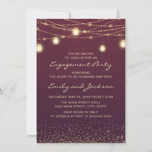 Burgundy Gold String Lights Engagement Party Kaart (Voorkant)