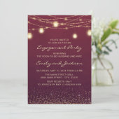 Burgundy Gold String Lights Engagement Party Kaart (Staand voorkant)