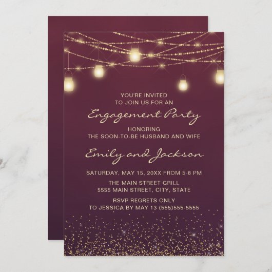 Burgundy Gold String Lights Engagement Party Kaart (Voorkant / Achterkant)