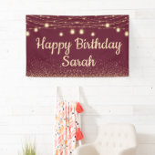 Burgundy Gold String Lights Glitter Happy Birthday Spandoek (Insitu)