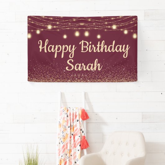 Burgundy Gold String Lights Glitter Happy Birthday Spandoek (Insitu)