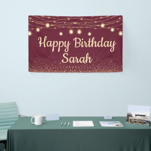 Burgundy Gold String Lights Glitter Happy Birthday Spandoek (Beurs)