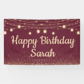 Burgundy Gold String Lights Glitter Happy Birthday Spandoek (Horizontaal)