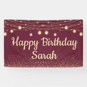 Burgundy Gold String Lights Glitter Happy Birthday Spandoek