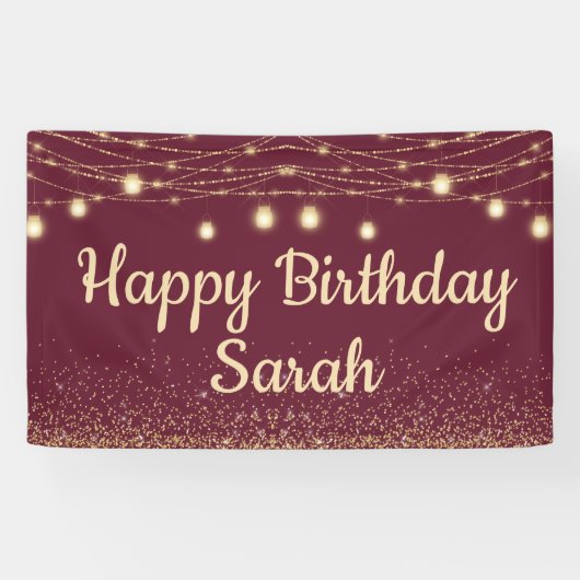 Burgundy Gold String Lights Glitter Happy Birthday Spandoek (Horizontaal)