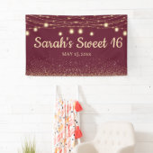 Burgundy Gold String Lights Glitter Sweet 16 Spandoek (Insitu)