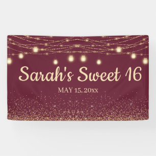 Burgundy Gold String Lights Glitter Sweet 16 Spandoek