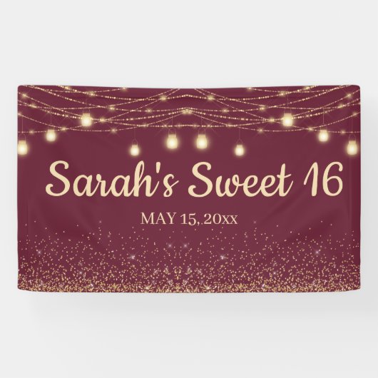 Burgundy Gold String Lights Glitter Sweet 16 Spandoek (Horizontaal)