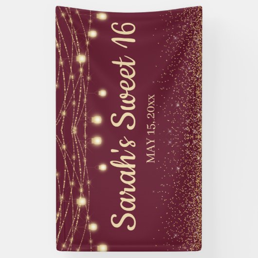 Burgundy Gold String Lights Glitter Sweet 16 Spandoek (Verticaal)