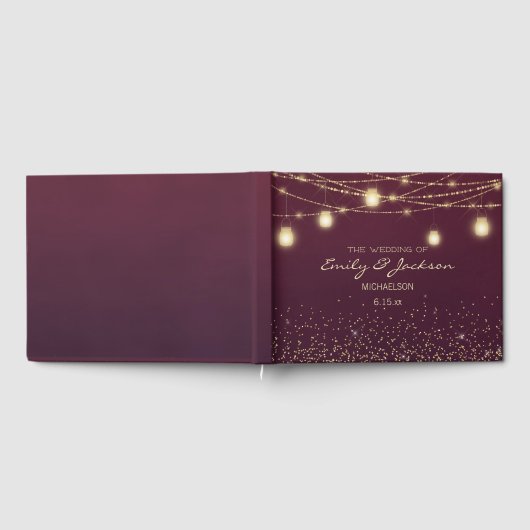 Burgundy Gold String Lights Lantern Wedding Gastenboek (Volledig)