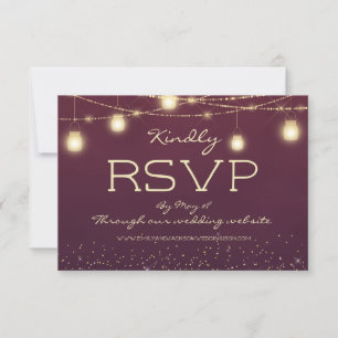 Burgundy Gold String Lights Lantern Wedding RSVP Kaart