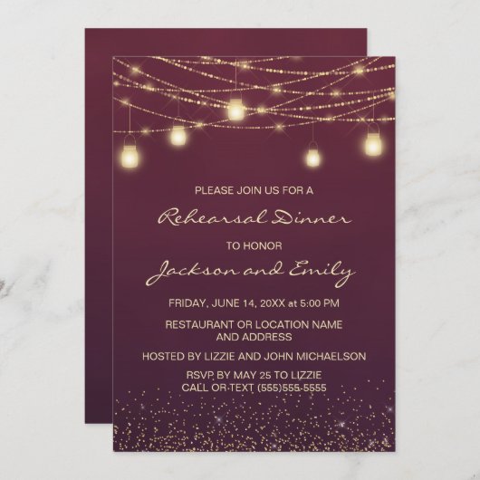 Burgundy Gold String Lights Rehearsal Dinner Kaart (Voorkant / Achterkant)