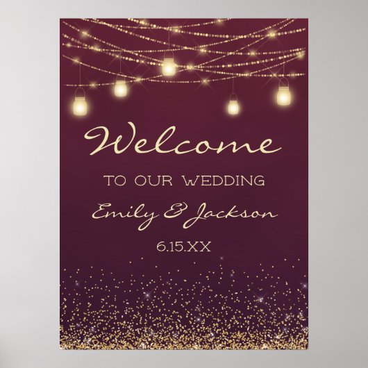 Burgundy Gold String Lights Weddenschap Welkom Poster (Voorkant)