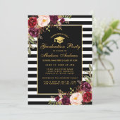 Burgundy Gold Striped Graduparty Invitation Kaart (Staand voorkant)