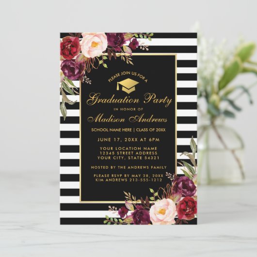 Burgundy Gold Striped Graduparty Invitation Kaart (Staand voorkant)
