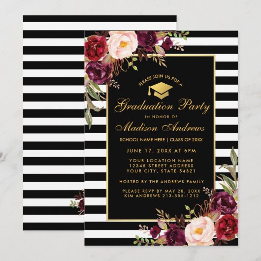 Burgundy Gold Striped Graduparty Invitation Kaart (Voorkant / Achterkant)