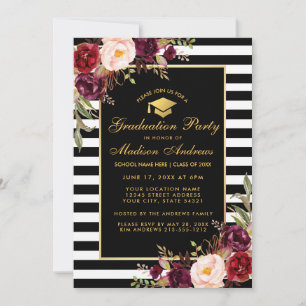 Burgundy Gold Striped Graduparty Invitation Kaart