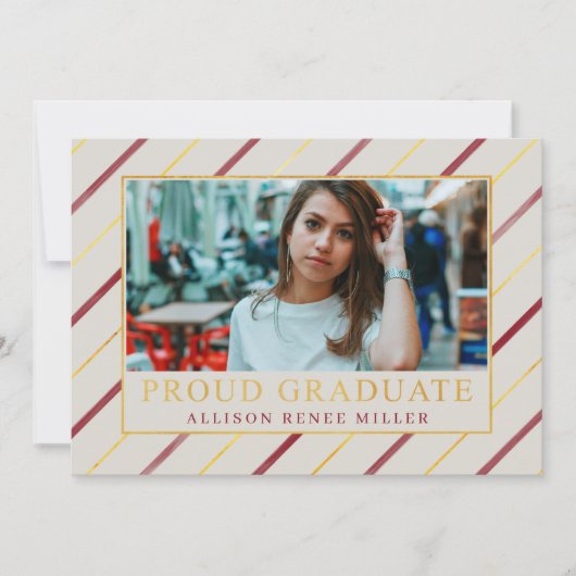 Burgundy Gold Stripes Modern Photo Afstuderen Kaart (Voorkant)