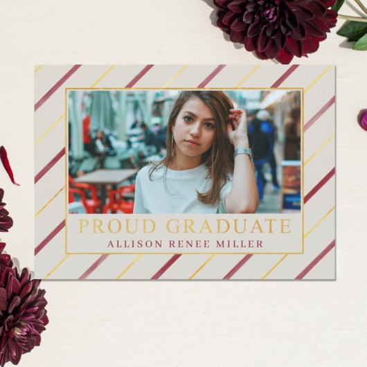 Burgundy Gold Stripes Modern Photo Afstuderen Kaart
