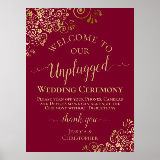 Burgundy & Gold Stylish Unplugged Wedding Ceremony Poster (Voorkant)