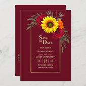 Burgundy Gold Sunflower Red Rose die de Save The Date (Voorkant / Achterkant)