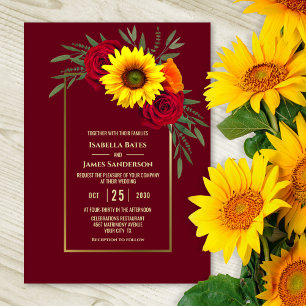 Burgundy Gold Sunflower Red Rose Wedding Kaart