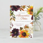 Burgundy & Gold Sunflower Wedding Invitting Kaart (Staand voorkant)