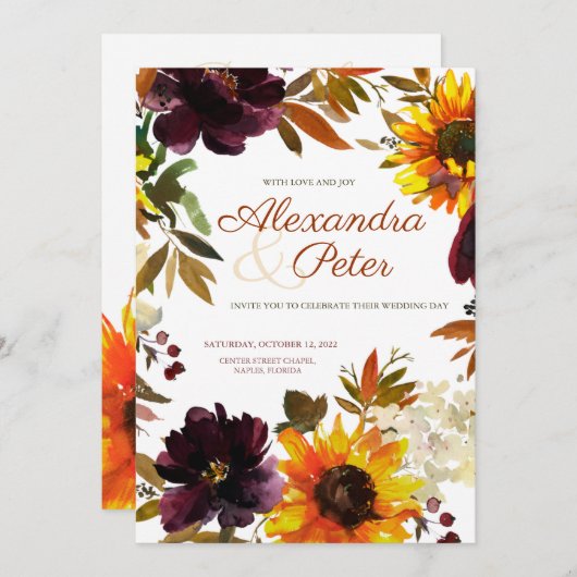 Burgundy & Gold Sunflower Wedding Invitting Kaart (Voorkant / Achterkant)