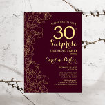 Burgundy Gold Surprise 30th Birthday Party Kaart<br><div class="desc">Burgundy Gold Floral Surprise 30th Birthday Party Invitation. Minimalistisch modern marionetontwerp met botanische accenten en typografische scriptlettertypen. Eenvoudige bloemige uitnodigingskaart perfect voor een stijlvol vrouw verrassingsfeest. Kan op elke leeftijd worden aangepast.</div>