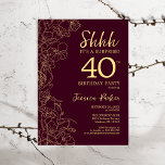 Burgundy Gold Surprise 40e verjaardag Kaart<br><div class="desc">Burgundy Gold Surprise 40th Birthday Invitation. Het minimalistische marteling moderne feminieontwerp kenmerkt botanische accenten en typografische manuscriptdoopvont. Eenvoudige bloemige uitnodigingskaart perfect voor een stijlvol vrouw verrassingsfeest.</div>