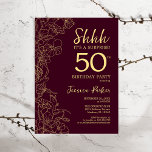 Burgundy Gold Surprise 50th Birthday Kaart<br><div class="desc">Burgundy Gold Surprise - 50e verjaardag uitnodiging. Het minimalistische marteling moderne feminieontwerp kenmerkt botanische accenten en typografische manuscriptdoopvont. Eenvoudige bloemige uitnodigingskaart perfect voor een stijlvol vrouw verrassingsfeest.</div>