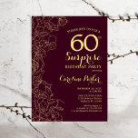 Burgundy Gold Surprise 60th Birthday Party Kaart<br><div class="desc">Burgundy Gold Floral Surprise 60th Birthday Party Invitation. Minimalistisch modern marionetontwerp met botanische accenten en typografische scriptlettertypen. Eenvoudige bloemige uitnodigingskaart perfect voor een stijlvol vrouw verrassingsfeest. Kan op elke leeftijd worden aangepast.</div>