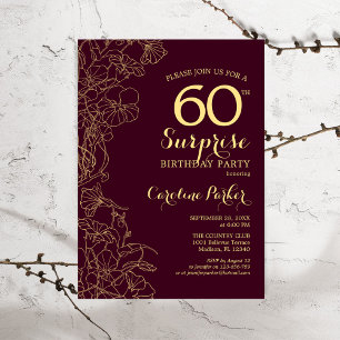 Burgundy Gold Surprise 60th Birthday Party Kaart