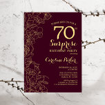 Burgundy Gold Surprise 70th Birthday Party Kaart<br><div class="desc">Burgundy Gold Floral Surprise 70th Birthday Party Invitation. Minimalistisch modern marionetontwerp met botanische accenten en typografische scriptlettertypen. Eenvoudige bloemige uitnodigingskaart perfect voor een stijlvol vrouw verrassingsfeest. Kan op elke leeftijd worden aangepast.</div>