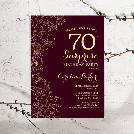 Burgundy Gold Surprise 70th Birthday Party Kaart