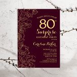 Burgundy Gold Surprise 80th Birthday Party Kaart<br><div class="desc">Burgundy Gold Floral Surprise 80th Birthday Party Invitation. Minimalistisch modern marionetontwerp met botanische accenten en typografische scriptlettertypen. Eenvoudige bloemige uitnodigingskaart perfect voor een stijlvol vrouw verrassingsfeest. Kan op elke leeftijd worden aangepast.</div>