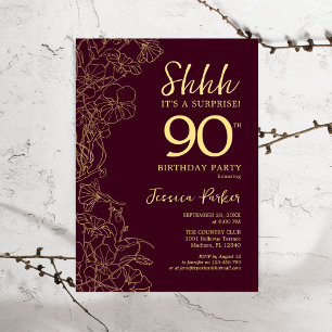 Burgundy Gold Surprise 90th Birthday Kaart
