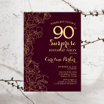 Burgundy Gold Surprise 90th Birthday Party Kaart<br><div class="desc">Burgundy Gold Floral Surprise 90th Birthday Party Invitation. Minimalistisch modern marionetontwerp met botanische accenten en typografische scriptlettertypen. Eenvoudige bloemige uitnodigingskaart perfect voor een stijlvol vrouw verrassingsfeest. Kan op elke leeftijd worden aangepast.</div>