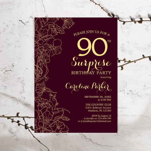 Burgundy Gold Surprise 90th Birthday Party Kaart