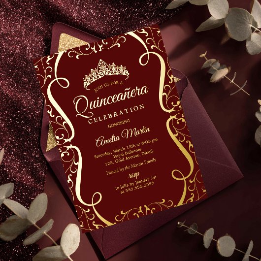 Burgundy Gold Swirl Elegant Quinceanera  Folie Uitnodiging