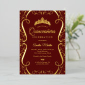 Burgundy Gold Swirl Elegant Quinceanera  Folie Uitnodiging (Staand Voorkant)